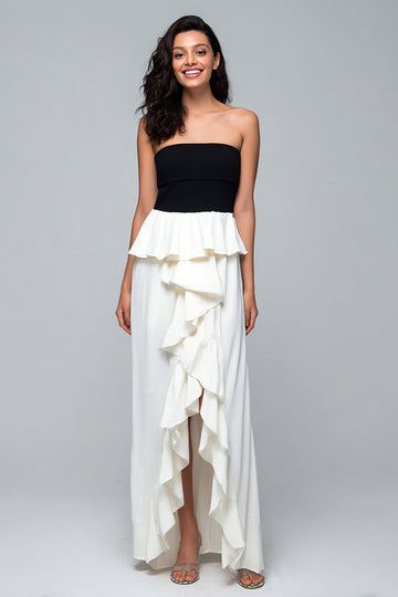 Robe longue formelle sans bretelles à volants noir et blanc avec fente